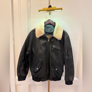 Men's chevirex soft  Black Leather Jacket bomber flight biker Shearling Collar M